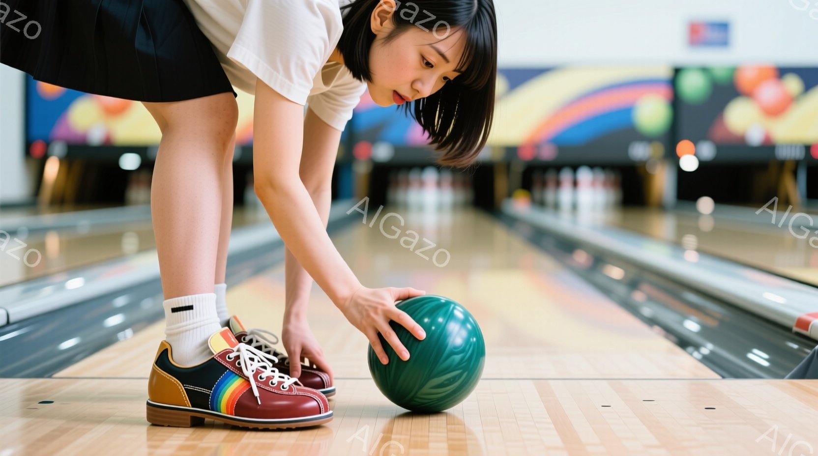 ボウリングのレーンで、若い女性がボウリングの球に手を添えている様子が写っています。彼女は白いトップスに黒いスカート、そして赤と虹色のスニーカーを履いており、ポニーテールにしています。レーンは木目調で、 - AI生成フリー素材