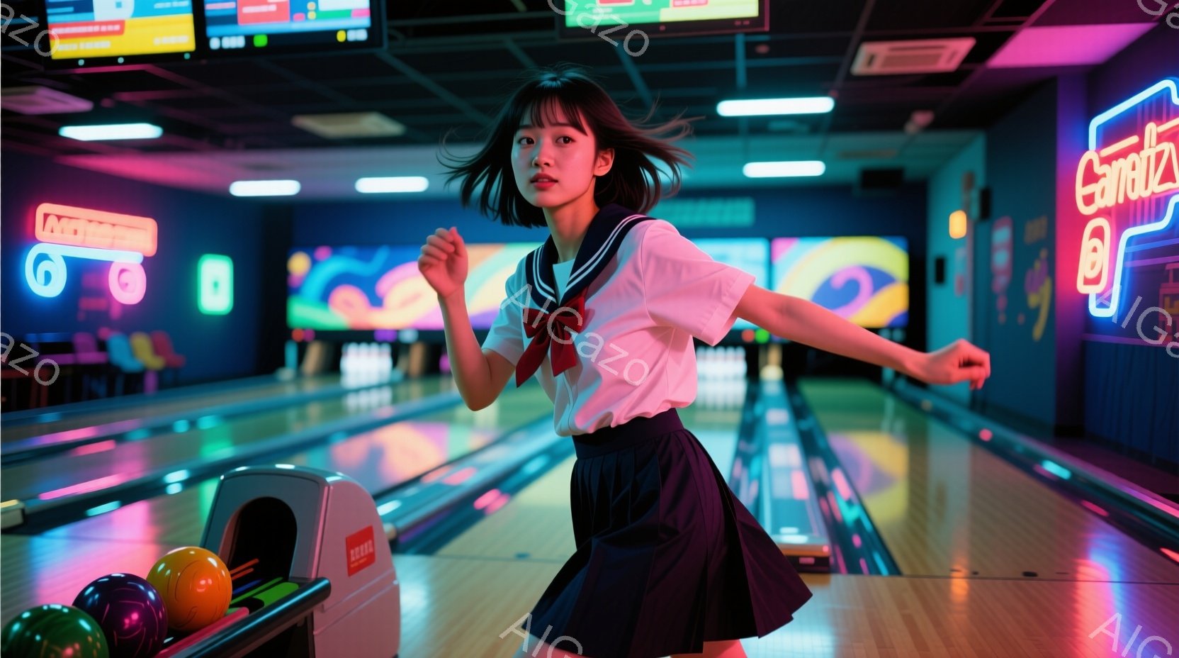 ボウリング場を舞台に、セーラー服を着た若い女性がボウリングの投球をしている様子を捉えています。彼女は黒髪で、少し微笑んでおり、右手を伸ばしてボールを投げようとしています。背景にはカラフルなネオンライト - AI生成フリー素材