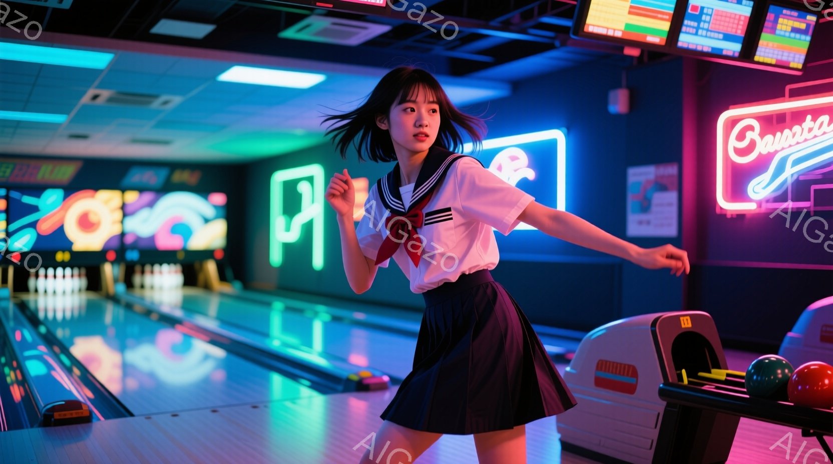 ボウリング場に立つ若い女性が写っています。彼女は白いブラウスとセーラーカラーのネクタイ、そしてプリーツスカートを身に着け、髪を肩まで伸ばして、少し微笑んでいます。背景には、カラフルなネオンライトとレー - AI生成フリー素材