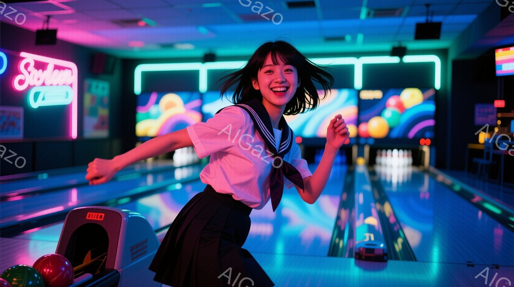 ボーリング場を走る若い女性が写っています。彼女は白いシャツに黒いプリーツスカート、赤いリボンタイを着用し、明るい笑顔を浮かべています。背景はネオンライトで照らされたボーリングレーンと、カラフルな装飾で、エネルギッシュで楽しい雰囲気を醸し出しています。
