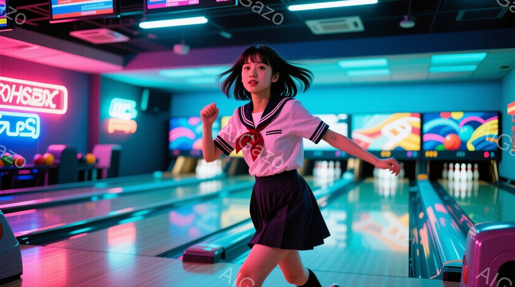 ボウリング場を歩く若い女性を捉えています。彼女はセーラー服を着て、長いダークヘアをしています。彼女は前向きな姿勢で、楽しそうな表情で、鮮やかなネオンライトに照らされたボウリングレーンを歩いています。