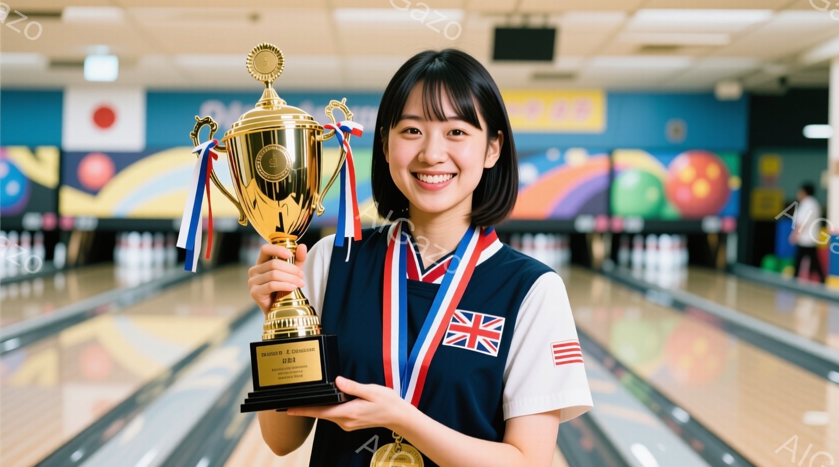 若い女性がボウリング場でトロフィーを抱えて微笑んでいます。彼女は白いシャツとネイビーのベストを着ており、首にはメダルがかけられています。背景にはカラフルなライトとボウリングのレーンが見え、勝利の喜びと - AI生成フリー素材