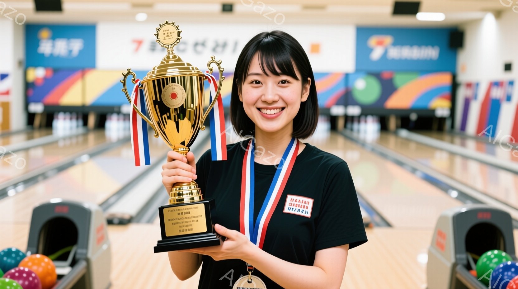 若い女性がボウリング場で優勝トロフィーを抱えています。彼女は白いTシャツとジーンズ姿で、肩にはメダル、首にはリボンがかけられています。背景にはカラフルなボールとレーンが広がり、明るい照明の下で勝利の喜 - AI生成フリー素材