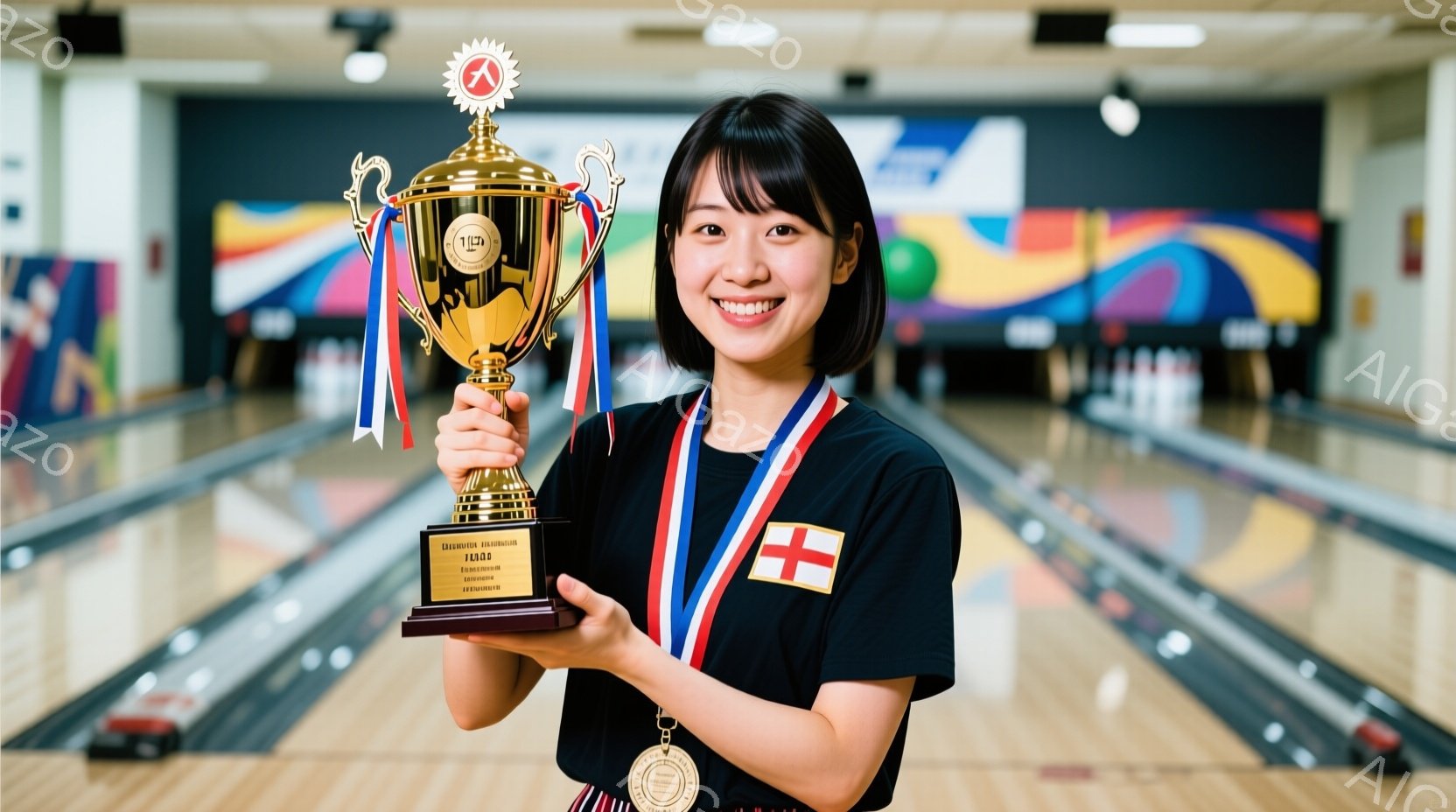 この女性はボウリング場に立ち、金色のトロフィーとメダルを誇らしげに掲げています。彼女は黒髪で、明るい笑顔を浮かべ、赤いポロシャツを着ています。背景には、カラフルなボウリングコースとレーンが見え、勝利と喜びの雰囲気が漂っています。