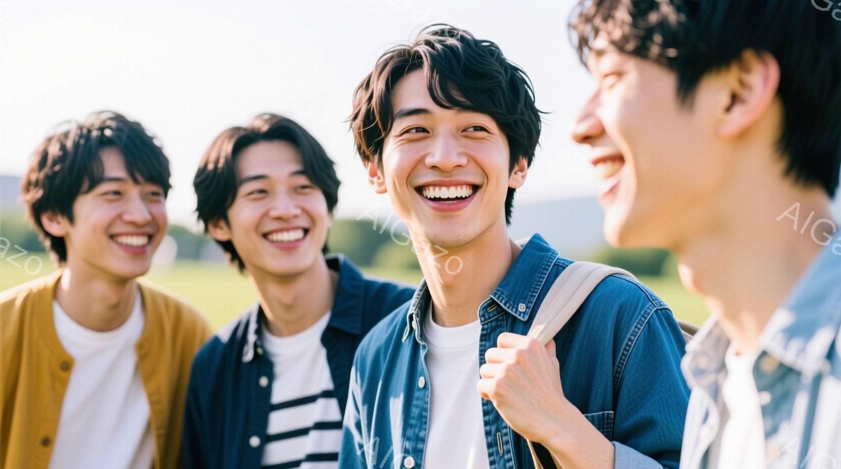 4人の若い男性が、晴れた屋外で肩を並べて笑顔で写っています。オレンジ、ネイビー、白のストライプ、デニムのシャツなど、カジュアルな服装で、それぞれ髪型も個性的です。背景には緑豊かな草地とぼやけた木々が見 - AI生成フリー素材