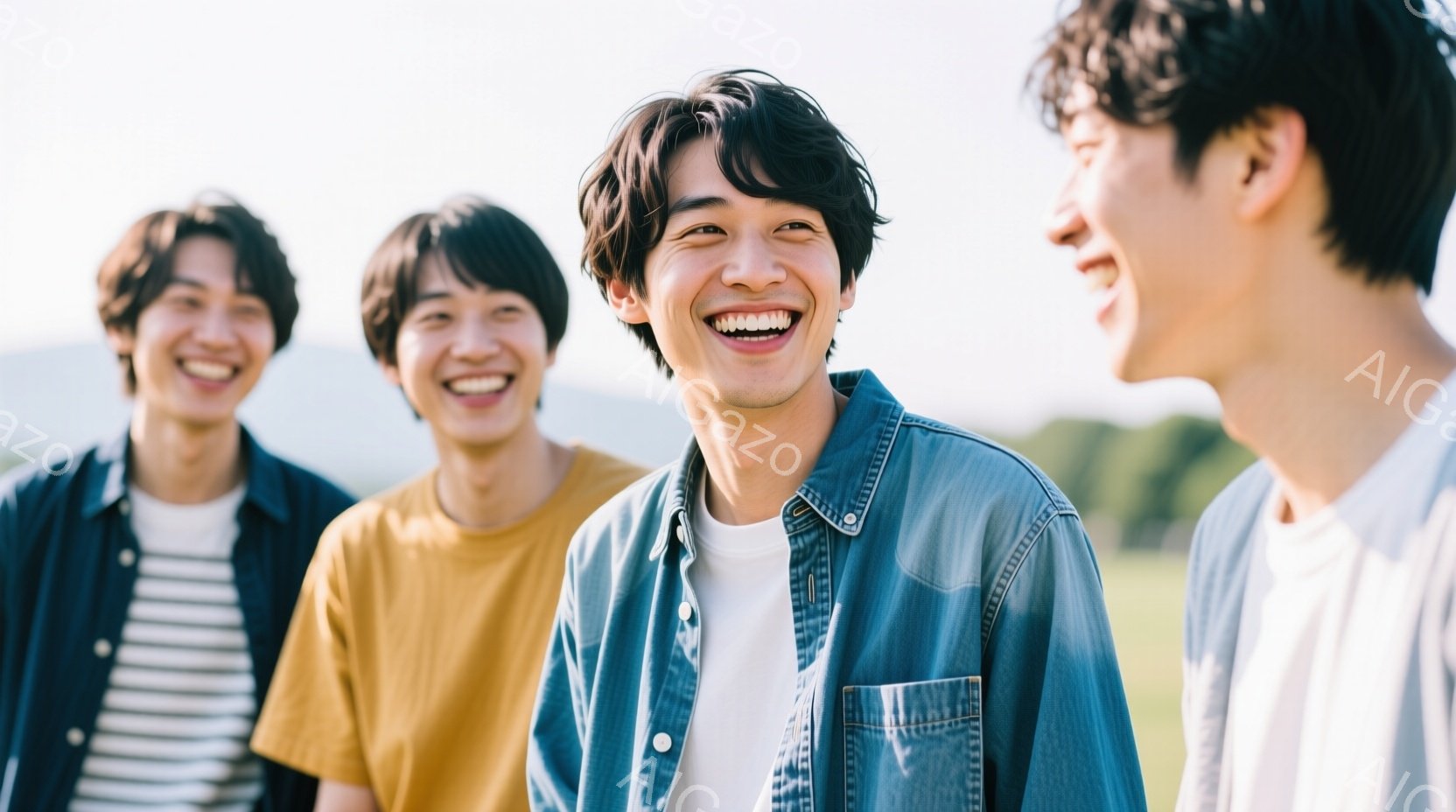 ４人の若い男性が笑顔で並んでおり、カジュアルな服装をしています。一人はストライプのシャツにネイビーのジャケット、次の人はオレンジ色のTシャツ、中央の男性はデニムシャツ、一番奥の人は白いTシャツを着てい - AI生成フリー素材