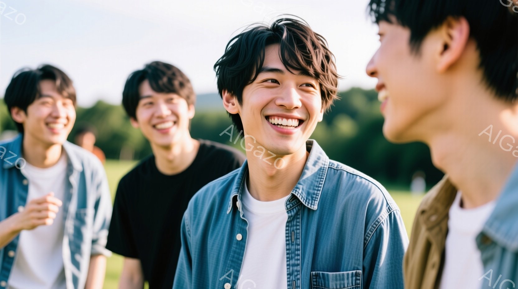 楽しそうな表情の若い男性たちが写っています。一人はデニムシャツに白いTシャツ、別の男性は黒いTシャツを着ており、皆それぞれ異なるヘアスタイルをしています。背景には緑豊かな草原とぼんやりとした建物が見え - AI生成フリー素材