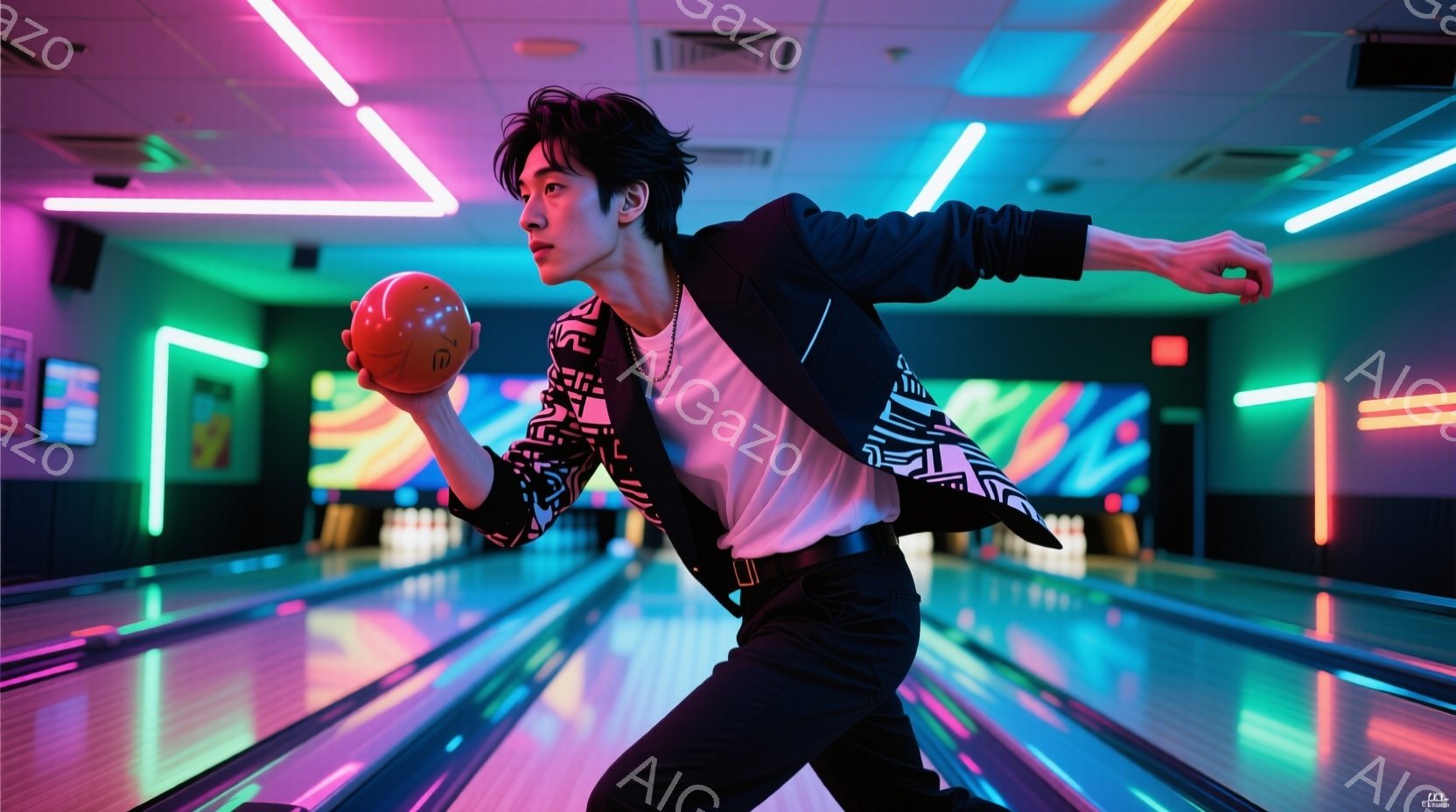 若い男性がボーリング場を疾走している様子が写っている。彼は白いTシャツに、幾何学模様の黒いジャケット、そして黒いズボンを着用しており、髪は無造作にセットされている。鮮やかなネオンライトが照らすボーリング場は、躍動感に満ち溢れ、彼の動きと相まって、エネルギッシュな雰囲気を醸し出している。