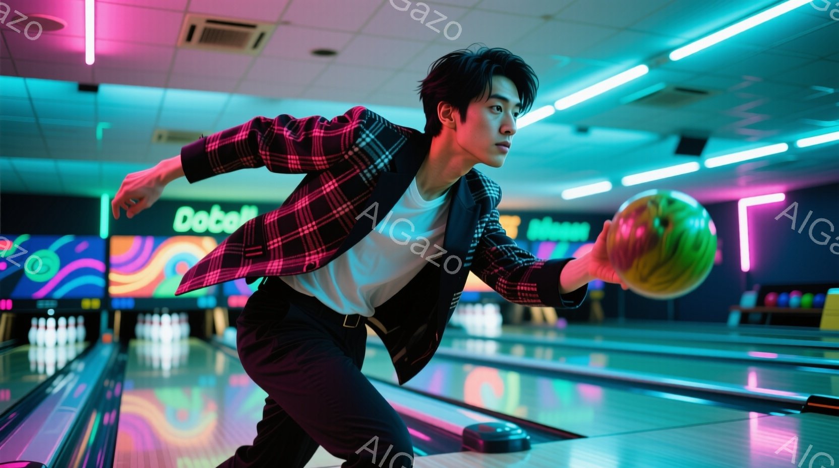 若い男性がボーリングのレーンでボーリングの球を投げているところです。彼はチェック柄のジャケット、白いTシャツ、紫色のズボンを身に着け、髪は無造作にセットされています。背景にはカラフルなレーンと光るネオンサインがあり、全体的に活気に満ちた雰囲気です。