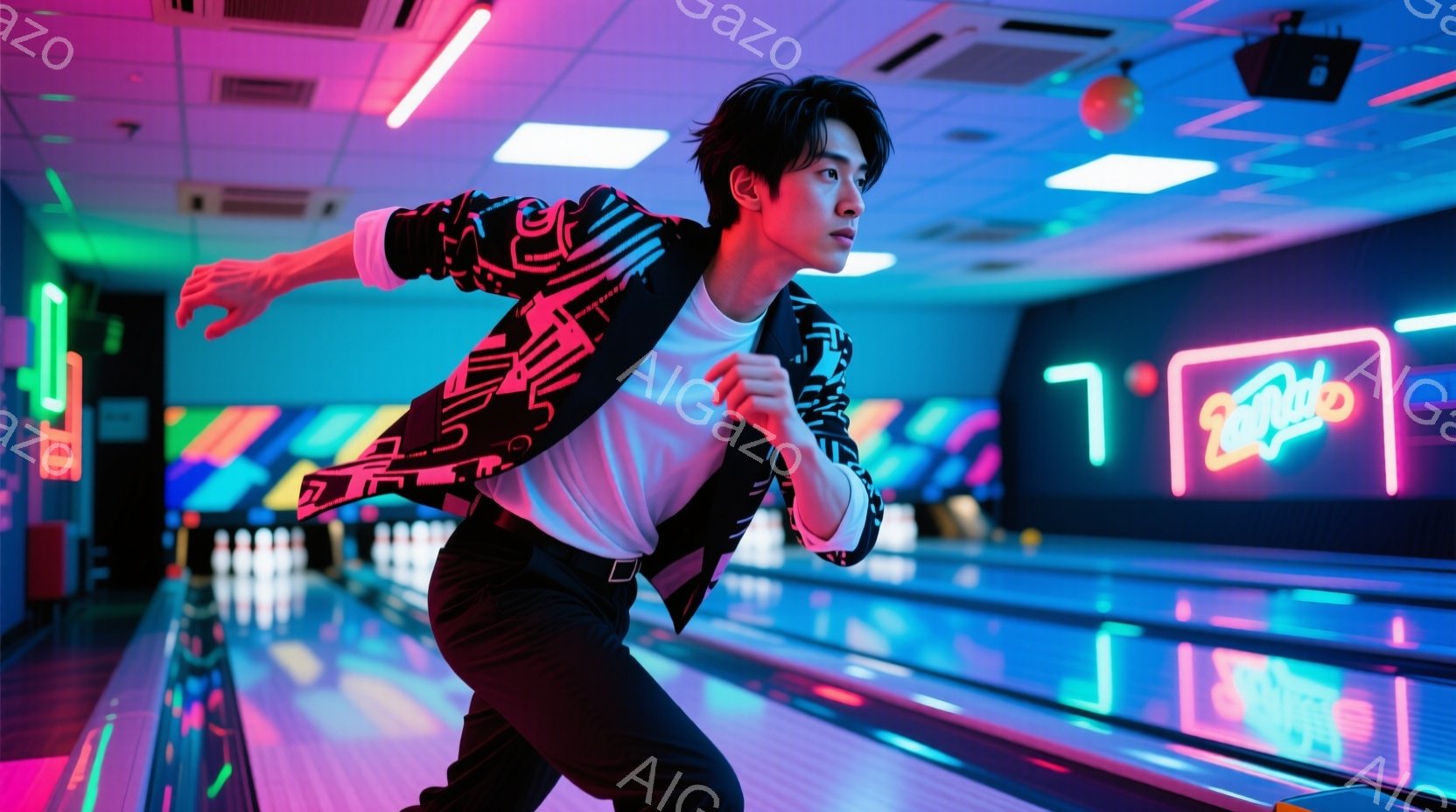 若い男性がボーリング場を疾走している様子が写っている。彼は白いTシャツに黒いパンツ、そして派手な柄のジャケットを羽織っており、髪はダークトーンで少し無造作にセットされている。背景にはボーリングのレーンとピン、そしてネオンライトが光り、活気に満ちた雰囲気を作り出している。