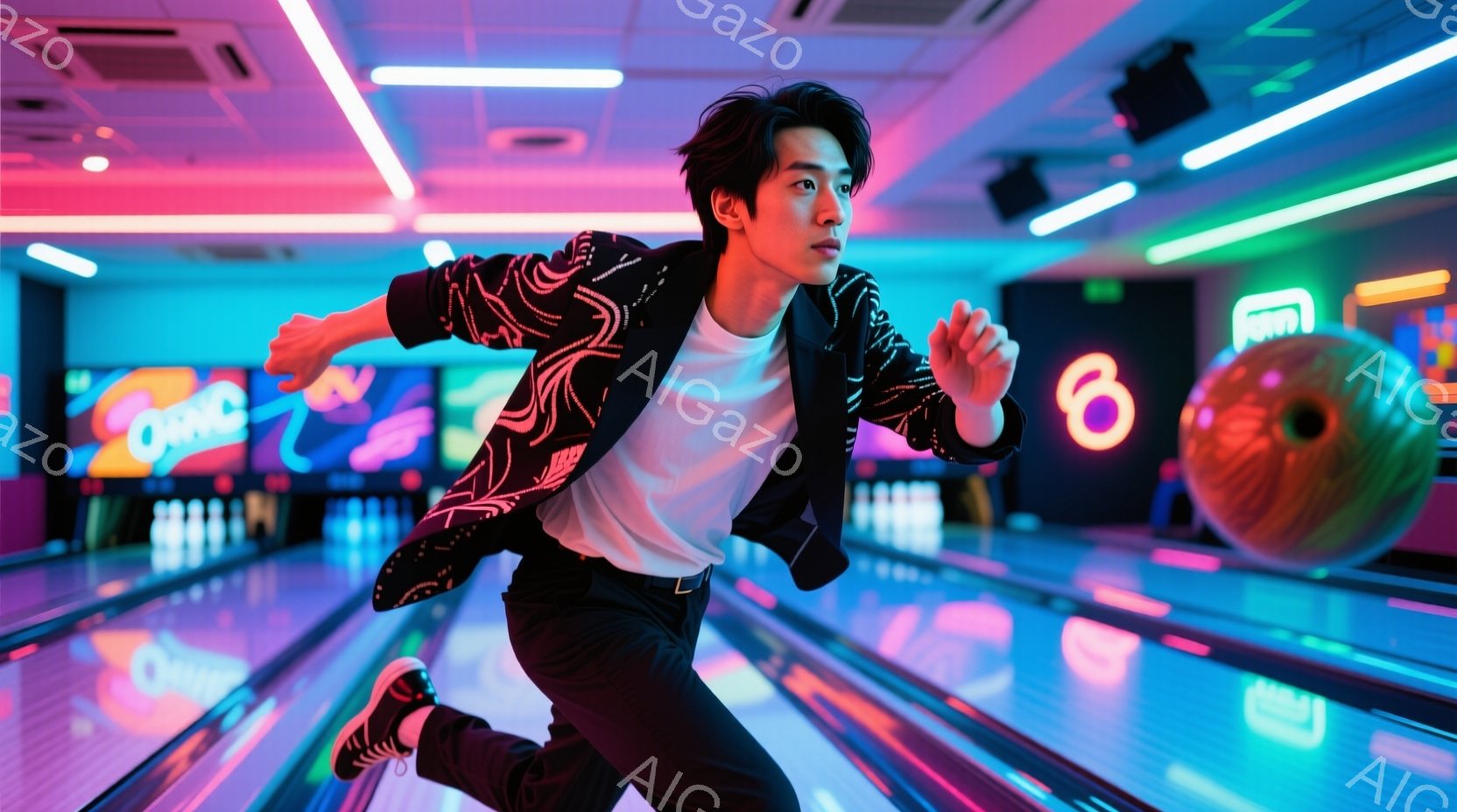 若い男性がボウリングのレーンを走り、ボウリングのボールを投げる直前の様子が写っている。彼は白のTシャツに、赤と黒の柄が入ったジャケット、黒いズボン、スニーカーを着用しており、短髪で前髪を下ろしたスタイ - AI生成フリー素材