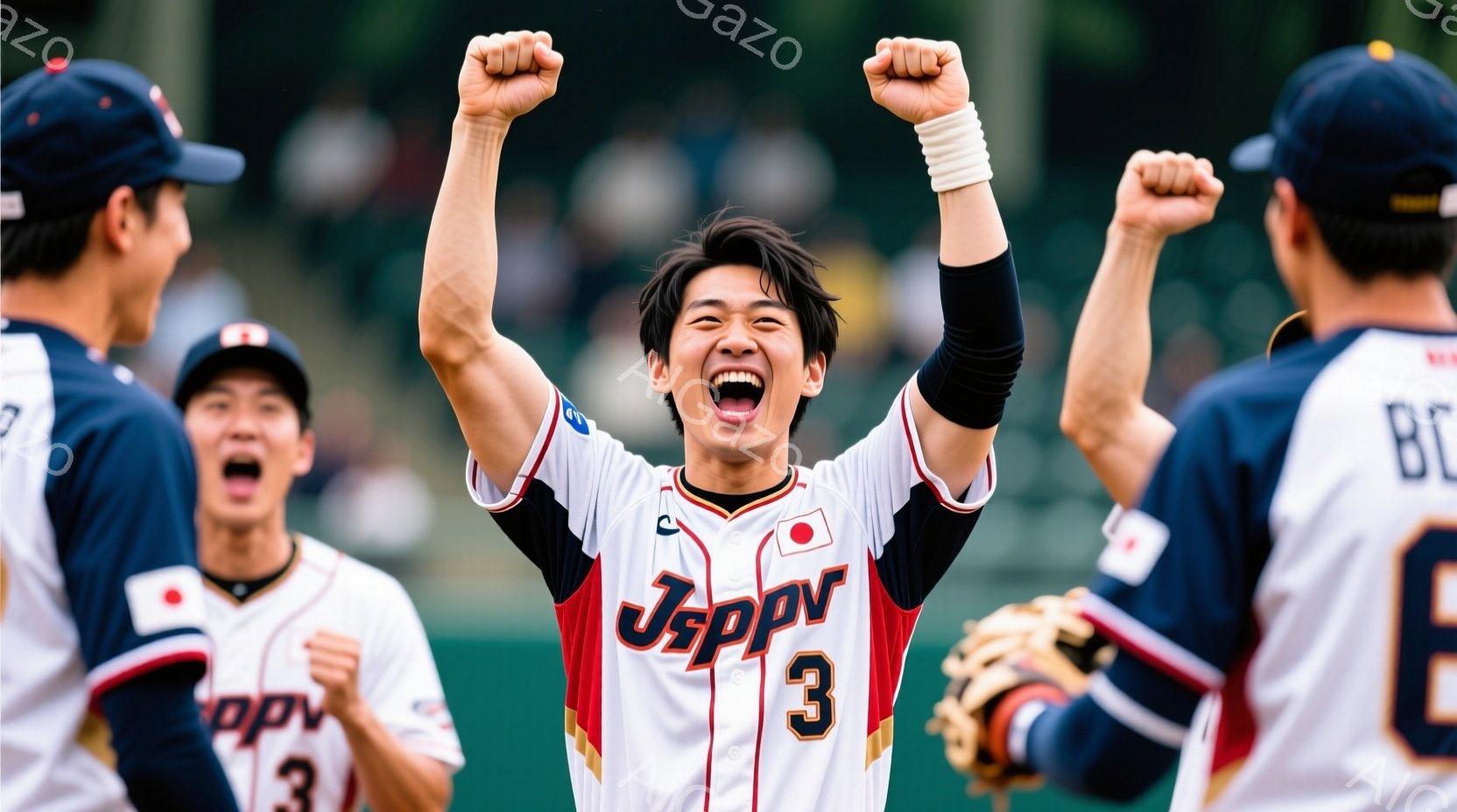 野球ユニフォームを着た選手たちが勝利を喜び、腕を高く上げて叫んでいます。中心の選手は赤いユニフォームに「JPPV」と大きく書かれており、興奮した表情で顔を上げています。背景には緑豊かな野球場があり、晴 - AI生成フリー素材