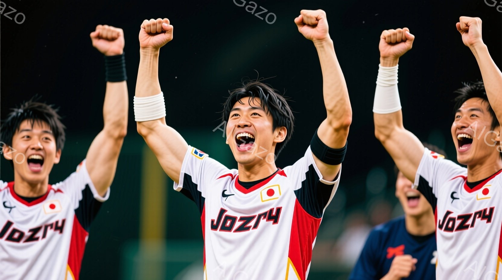 ３人の若い男性が、白いユニフォームに赤い文字「VOZY」と日本の国旗のマークが入った制服を着て、両手を高く上げ、歓喜の表情を浮かべている。彼らは短い髪型で、興奮した表情で口を開けており、背景は暗く、観 - AI生成フリー素材