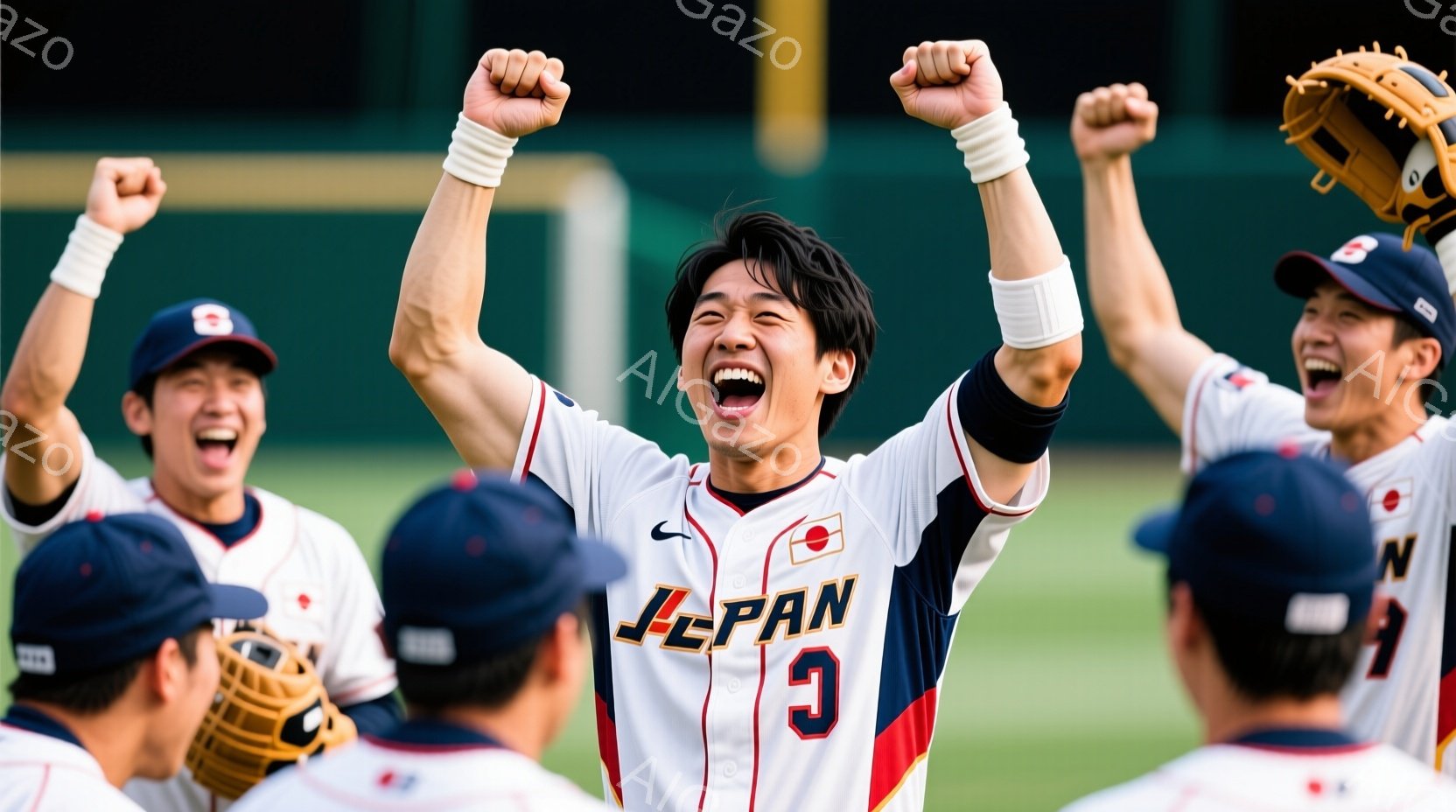 選手たちが歓喜の表情で両手を高く上げ、勝利を祝っている様子が写っている。白い野球ユニフォームには「JAPAN」と大きく書かれ、背番号が記されている。背景は暗く、球場の観客席や照明が見え、活気のある勝利の瞬間を捉えている。