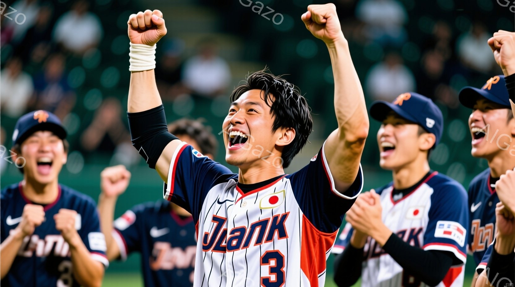 野球選手たちが勝利を喜び、腕を高く上げて叫んでいる様子が写っている。彼らは日本の国旗が描かれたユニフォームとキャップを着用し、興奮と熱狂に満ちた表情をしている。背景は暗く、球場内の観客席と照明がぼやけており、勝利の瞬間を強調している。