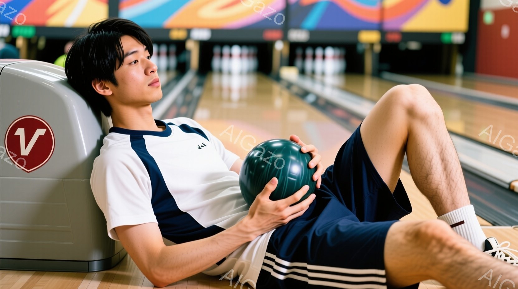 ボウリング場のレーン横に座る若い男性が写っている。白いポロシャツに紺色の短パンを着用し、膝の上で緑色のボウリングボールを持っている。彼の表情はリラックスしており、少し上目線で何かを見ている様子で、背景 - AI生成フリー素材