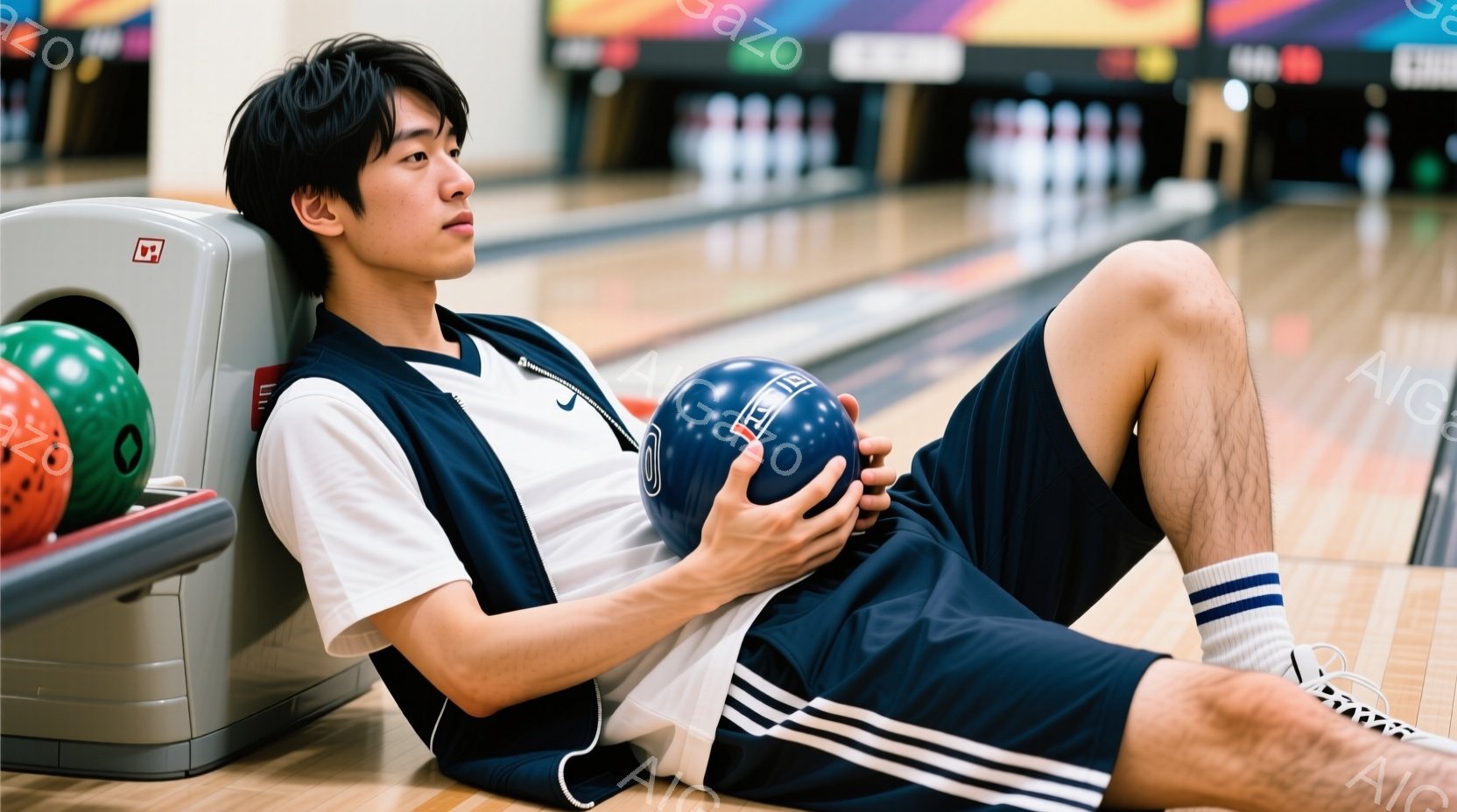 若い男性がボウリング場のレーン横に座り、青いボウリングボールを抱えています。彼は白いタンクトップと濃い青いショーツ、白いソックスとスニーカーを着用しており、黒い短髪です。背景には他のカラフルなボールと - AI生成フリー素材