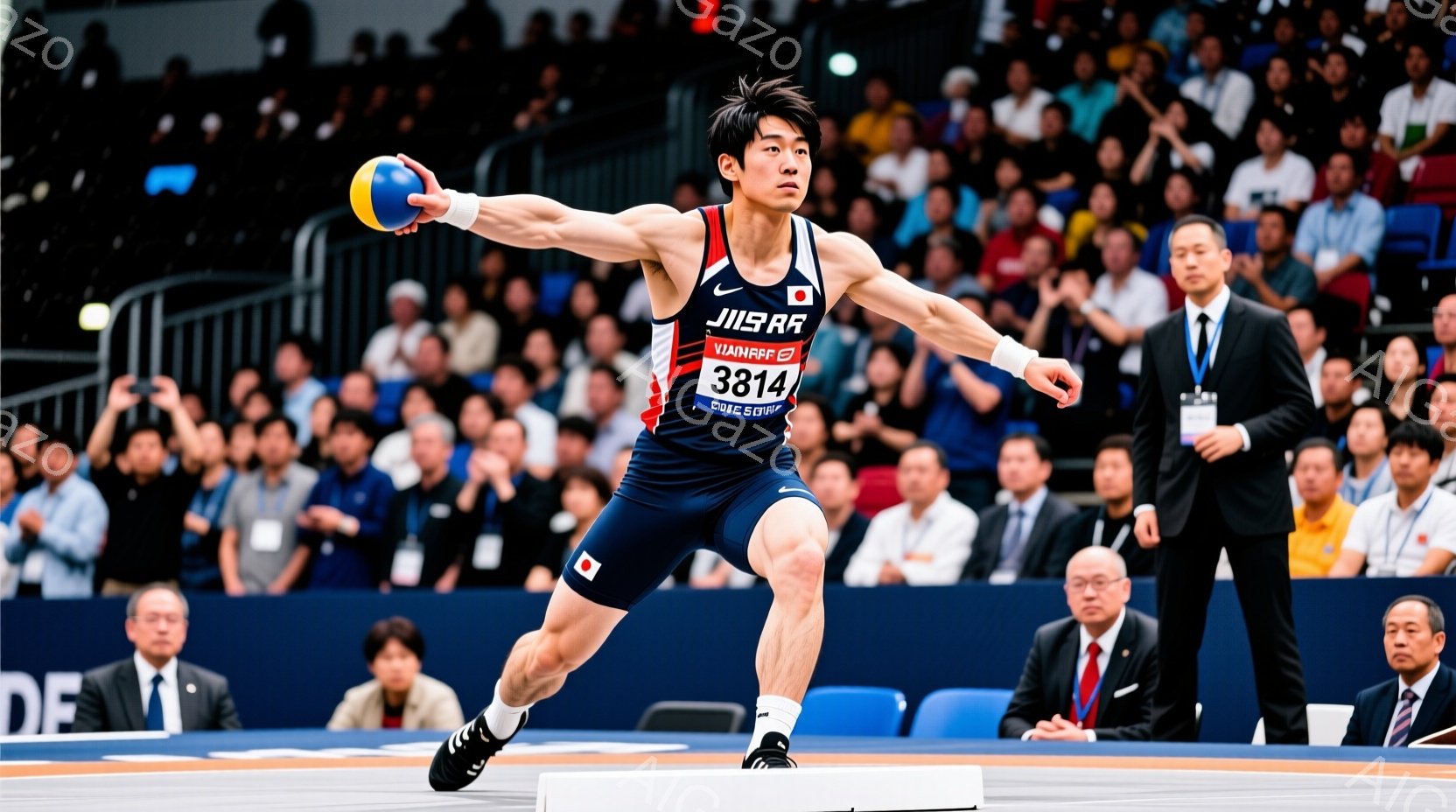 男子は、競技中の写真で、ハンマー投げの動作を行っている。青と黒のユニフォームを着用し、力強い表情で体を捻り、ハンマーを振りかぶっている。背景には観客席が見え、競技場の雰囲気が伝わってくる。 - AI生成フリー素材