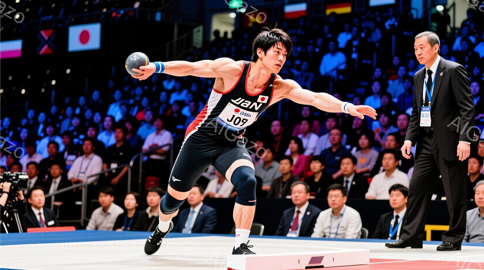 競技者は、ショットプットの動作中に、力強く体をひねり、球を投げようとしています。彼は青と赤のユニフォームを着用し、膝にはサポーターをつけています。背景には観客席が広がり、様々な国の国旗が見え、競技場の熱気が伝わってきます。