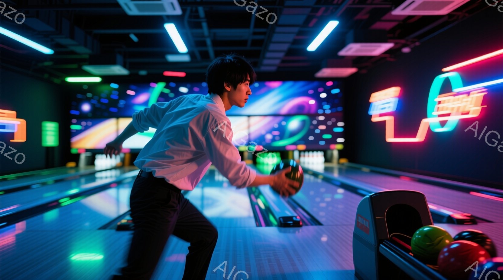 ボウリング場で、黒髪の男性がボウリングのボールを投げようとしている瞬間を捉えた写真です。彼は黒いズボンに白いシャツを着ており、集中した表情でボールを構えています。背景にはカラフルなネオンライトが輝き、 - AI生成フリー素材