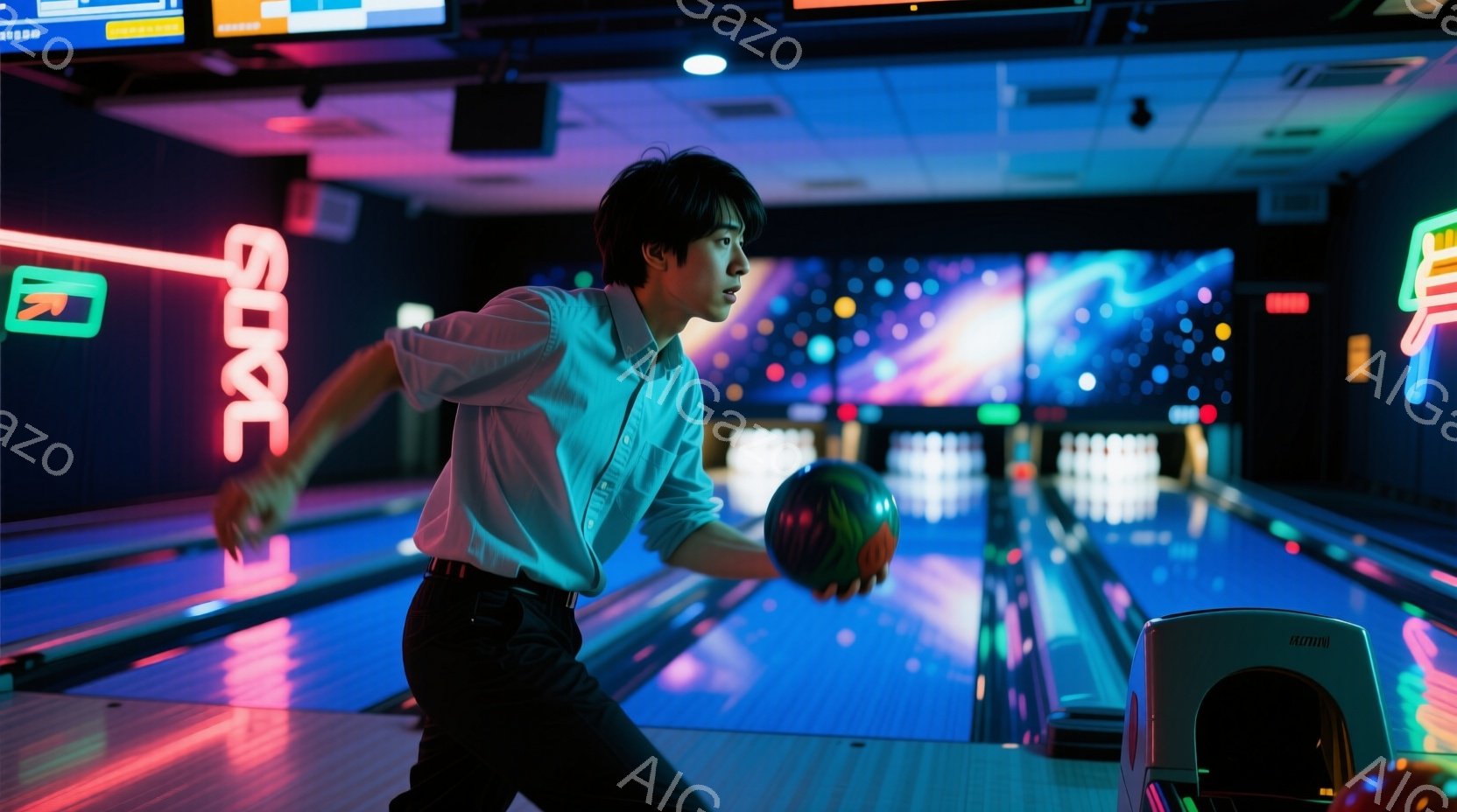 ボウリング場で、白シャツを着た若い男性が、紫色のボウリングのボールを構えて投げようとしています。彼は少し前かがみになり、集中した表情でボールを見つめています。背景には、色とりどりのネオンライトと、ボウ - AI生成フリー素材