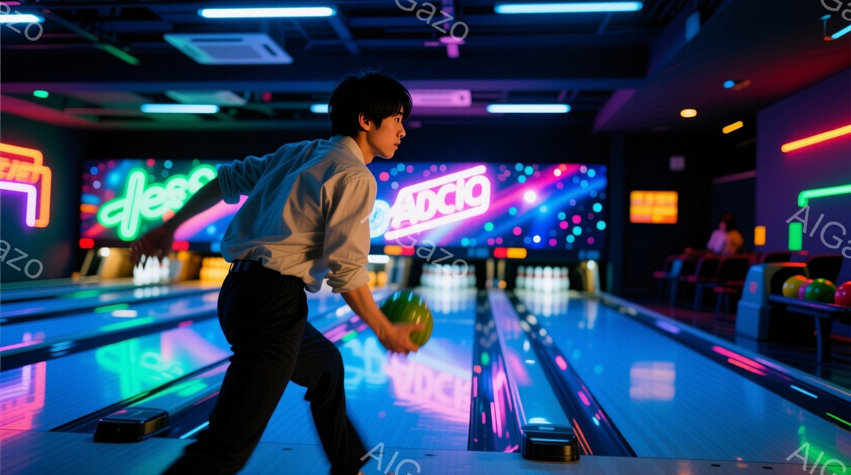男はボウリングのレーンでボールを投げる準備をしており、濃い緑色のシャツと濃い青色のズボンを着用しています。彼は少し前かがみになり、ボールを振りかぶった姿勢で、集中した表情をしています。背景には、ネオン - AI生成フリー素材