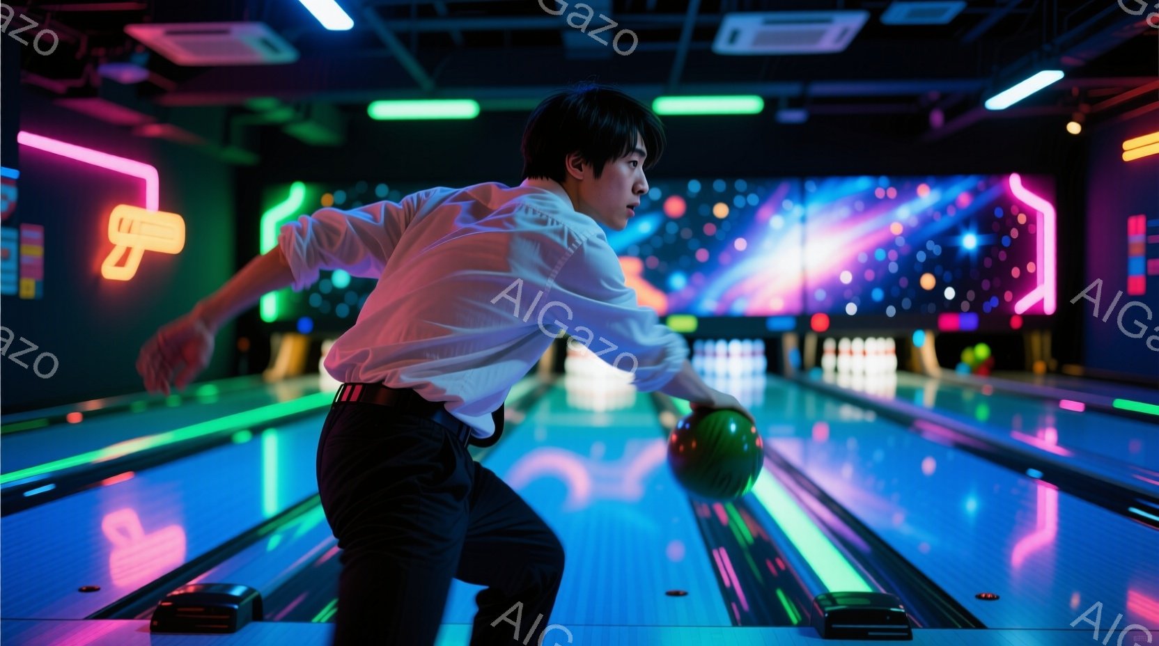 ボウリング場でボウリングをする若い男性を捉えています。彼は黒いズボンと白いシャツを着ており、髪は短く整えられています。集中した表情で、ボールをリリースする直前の姿勢をとっており、背景にはカラフルなネオンライトが輝くボウリング場が広がっています。