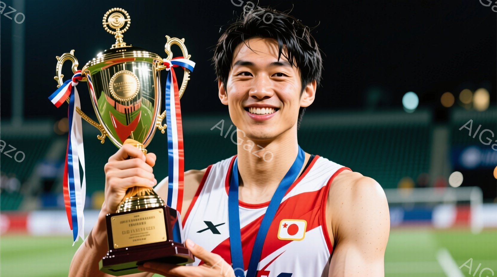 若い男性アスリートが、金色のトロフィーを両手で高く掲げています。彼は赤と白のタンクトップとショーツを身につけ、首には金メダルがかけられており、満面の笑みを浮かべています。背景は緑の芝生とぼやけた観客席で、夜間の競技場のような雰囲気です。