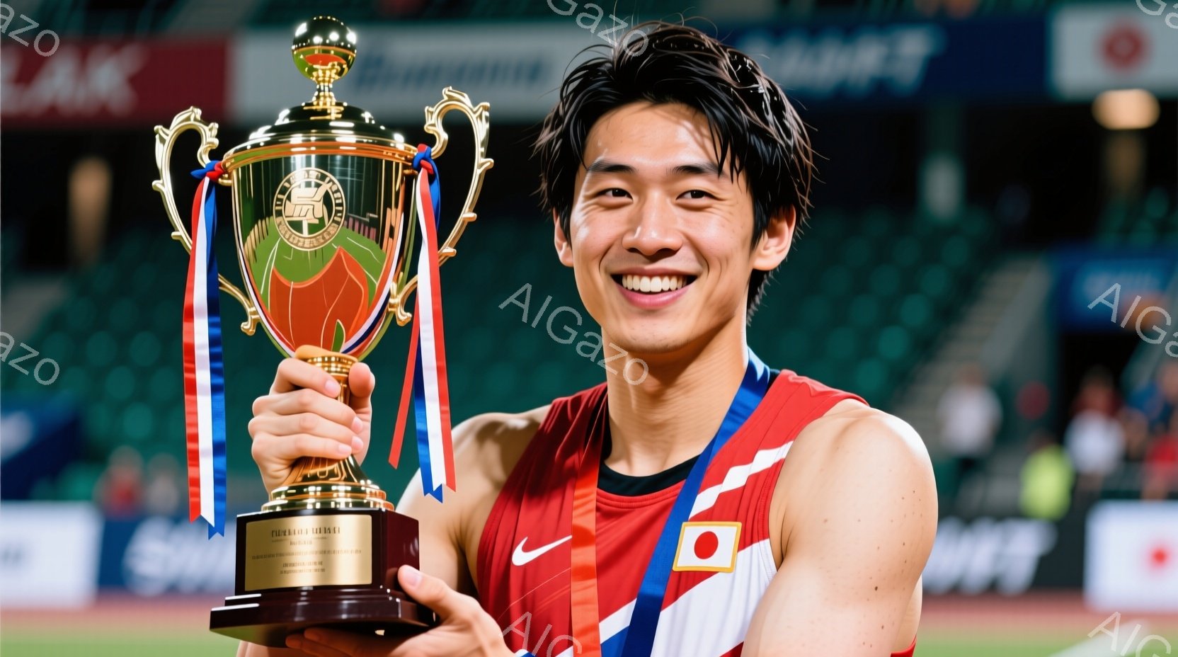競技場で若い男性がトロフィーを掲げて笑顔を見せています。彼は赤と白のユニフォームに、スニーカーを履いており、髪は短く整えられています。背景には観客席が見え、競技場の照明が明るく照らされており、勝利の喜びと興奮に満ちた雰囲気が伝わってきます。