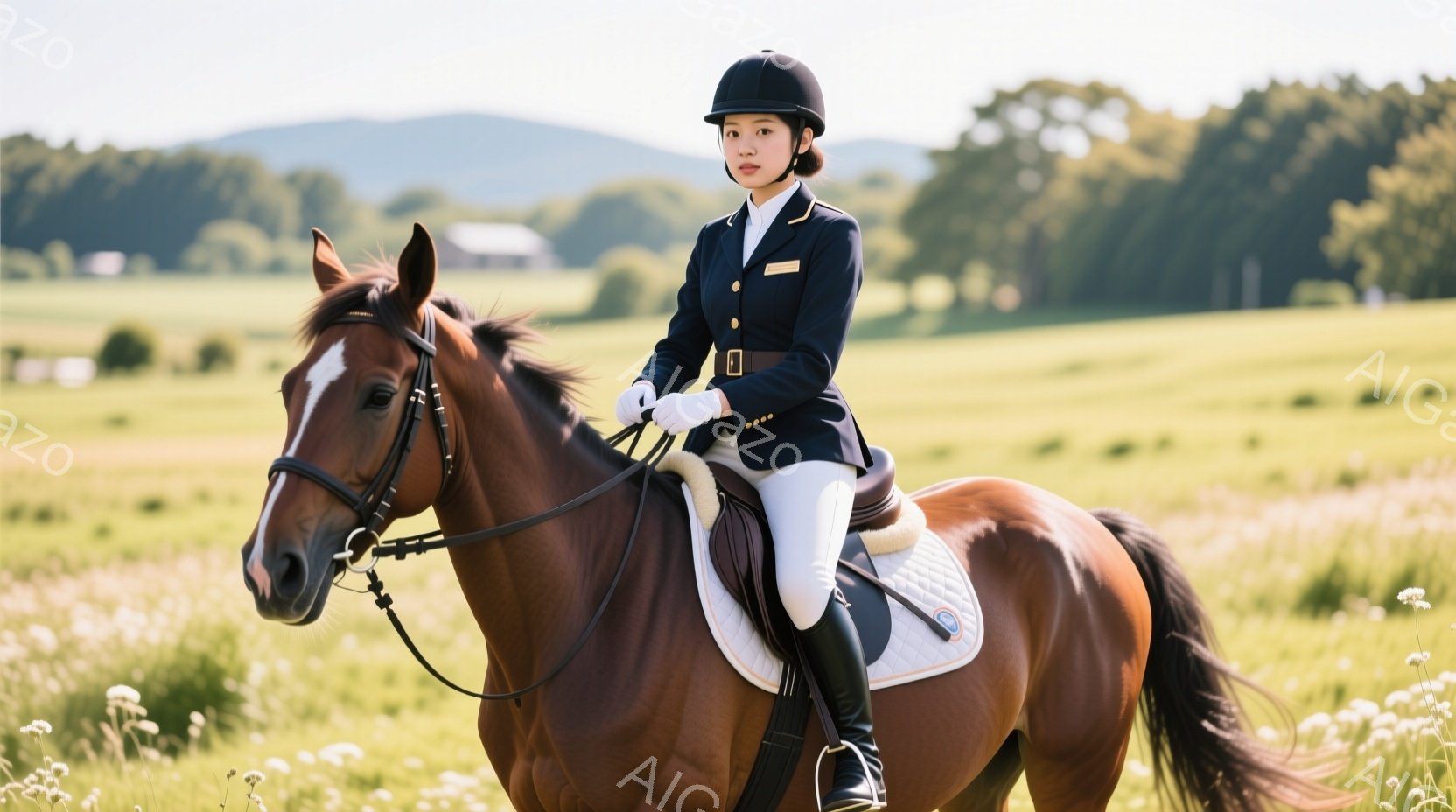 茶色の馬に乗った女性が写っています。彼女は白のズボン、濃い青のジャケット、黒いブーツ、白い手袋を着用し、ヘルメットを被っています。背景は緑豊かな草原と遠くに見える建物で、晴天の下、馬術を楽しむ静かで落 - AI生成フリー素材