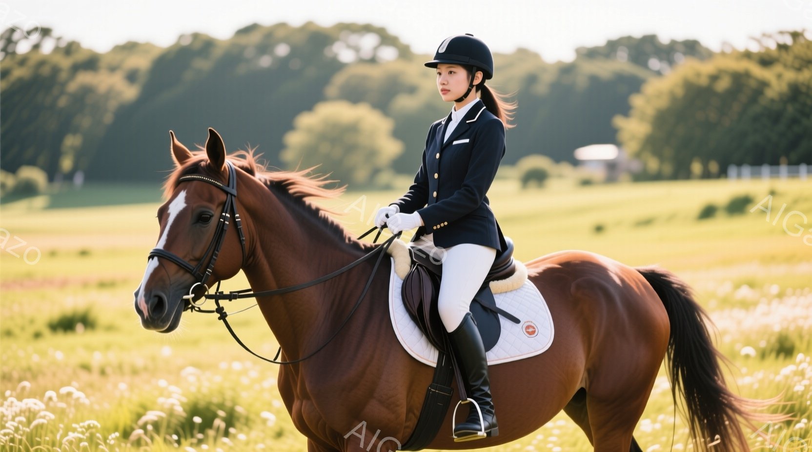 茶色の馬に乗った女性が写っている。彼女は黒いジャケット、白いズボン、黒いブーツを身に着け、ヘルメットをかぶっている。背景には緑の草原と遠くに見える建物があり、晴れた日の穏やかな雰囲気が漂っている。 - AI生成フリー素材