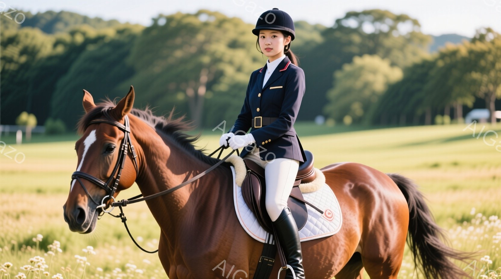 茶色の馬に乗った女性が写っている。彼女は黒いジャケット、白いズボン、黒いブーツ、そして白い手袋を着用し、ヘルメットをかぶっている。背景には緑の草原と遠くに見える建物があり、晴れた日の穏やかな雰囲気が漂 - AI生成フリー素材