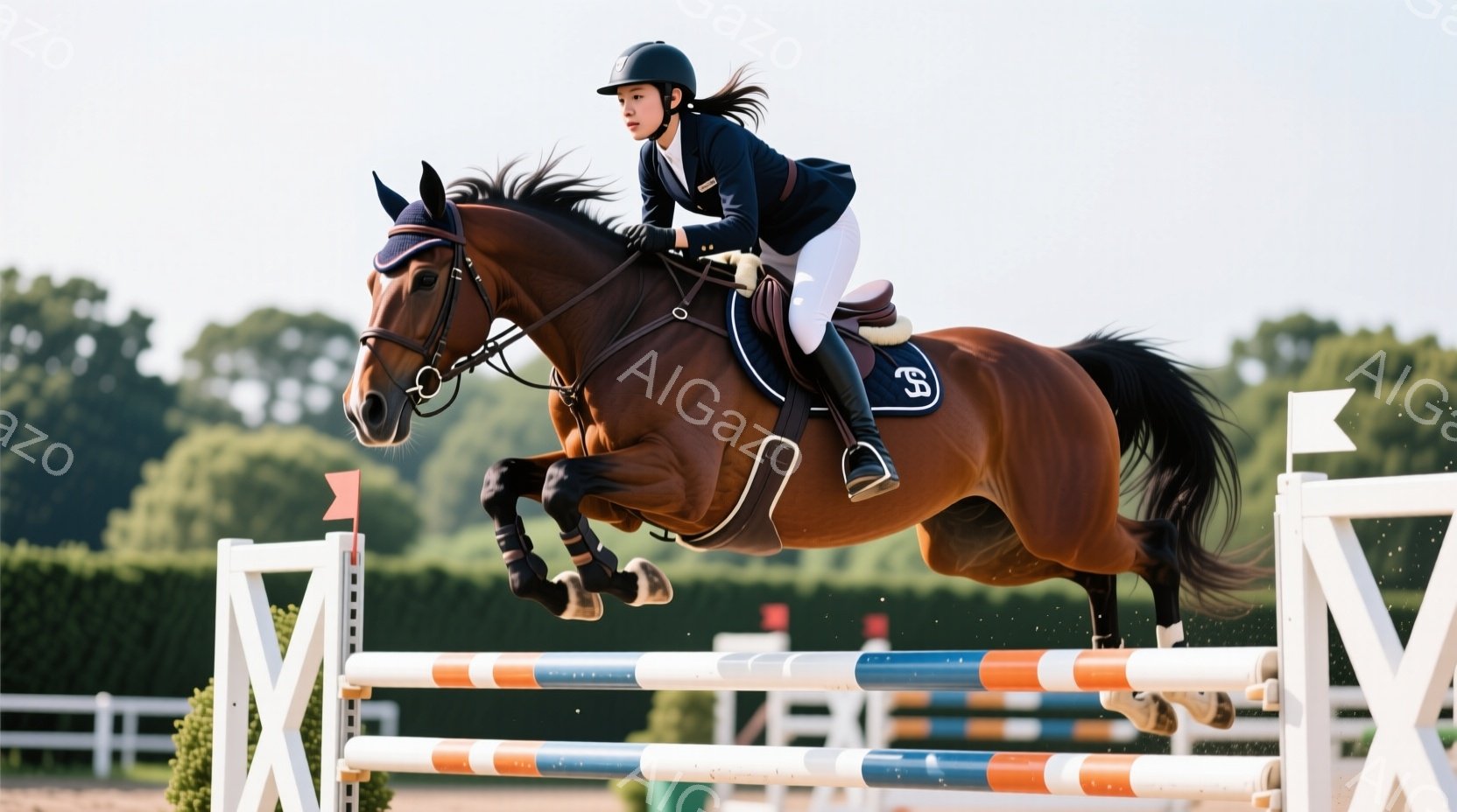茶色の馬が障害飛越に挑戦しており、競技者は濃い青のジャケット、白いズボン、黒いヘルメットを着用し、集中した表情で姿勢を保っています。背景には、色とりどりの障害物と緑豊かな自然が広がり、晴天の下で競技が行われている様子が伺えます。躍動感あふれる瞬間を捉えた、活気と集中が感じられる一枚です。