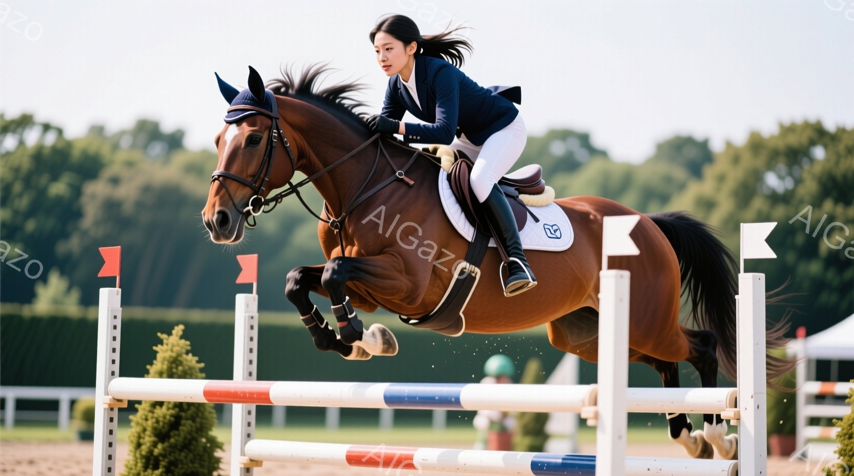 茶色の馬が障害物を飛び越える瞬間を捉えた写真です。女性騎手は濃い青のジャケットと白いズボンを着用し、黒いヘルメットを被っています。背景には緑豊かな木々や、他の騎手や観客の姿が見え、晴れた日の屋外競技の - AI生成フリー素材