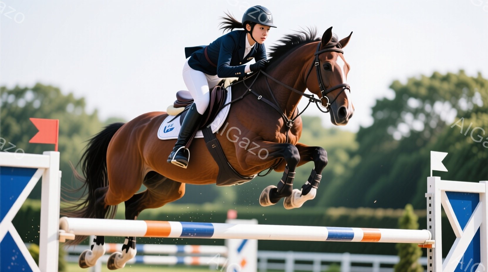 茶色の馬が障害飛越競技の途中で、高くジャンプしている様子が捉えられています。ライダーは濃い青色のジャケット、白いズボン、黒いヘルメットを着用し、後ろ髪をポニーテールにしています。背景には青空と緑豊かな自然が見え、競技会場の白いフェンスと旗が配置されており、晴天の下で活気ある雰囲気が伝わってきます。