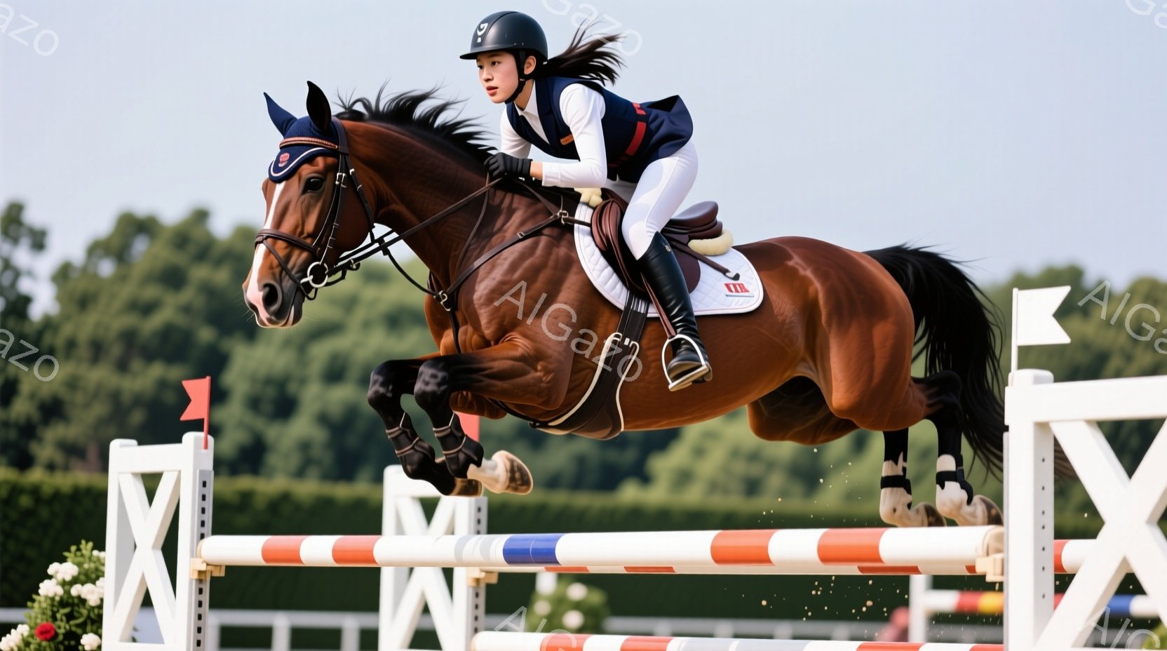 茶色の馬が障害飛越をしている写真です。女性騎手は黒いヘルメットを被り、紺色のジャケットと白いシャツ、黒いズボンを着用しています。背景には青空と緑の木々が見え、晴れた日の競技の活気を感じさせます。