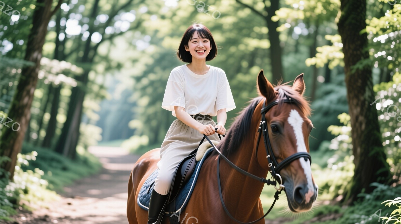若い女性が茶色の馬に乗って森の中を歩いている様子が写っている。女性は白いTシャツとベージュのズボンを身につけ、黒いブーツを履いている。彼女は微笑んでおり、リラックスした姿勢で馬の手綱を握っている。 - AI生成フリー素材