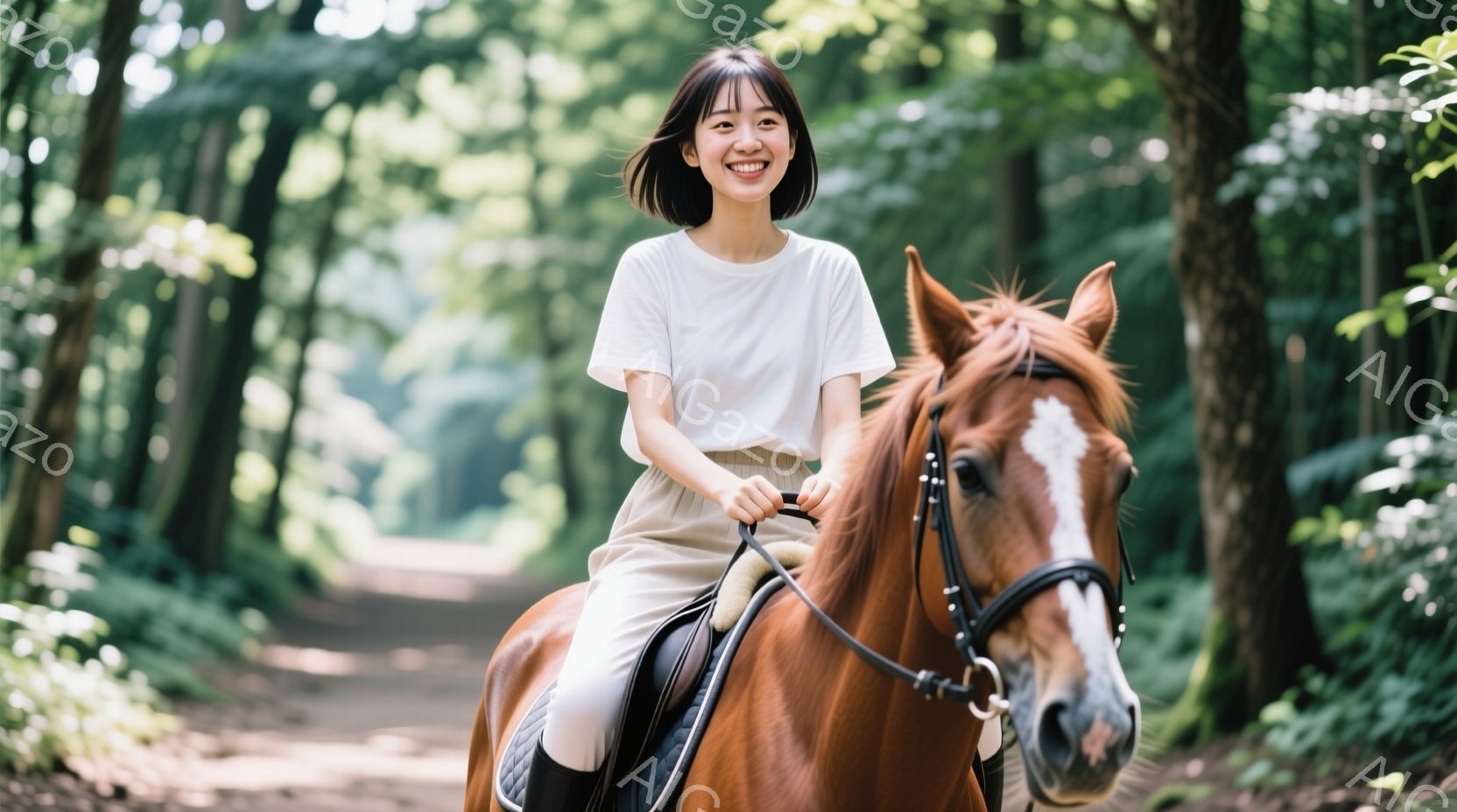 茶髪の女性が馬に乗って森の道を歩いている。白いTシャツとベージュのズボンを身につけ、笑顔で前を見つめている。背景は緑豊かな木々が生い茂り、太陽の光が差し込んで明るい雰囲気を作り出している。