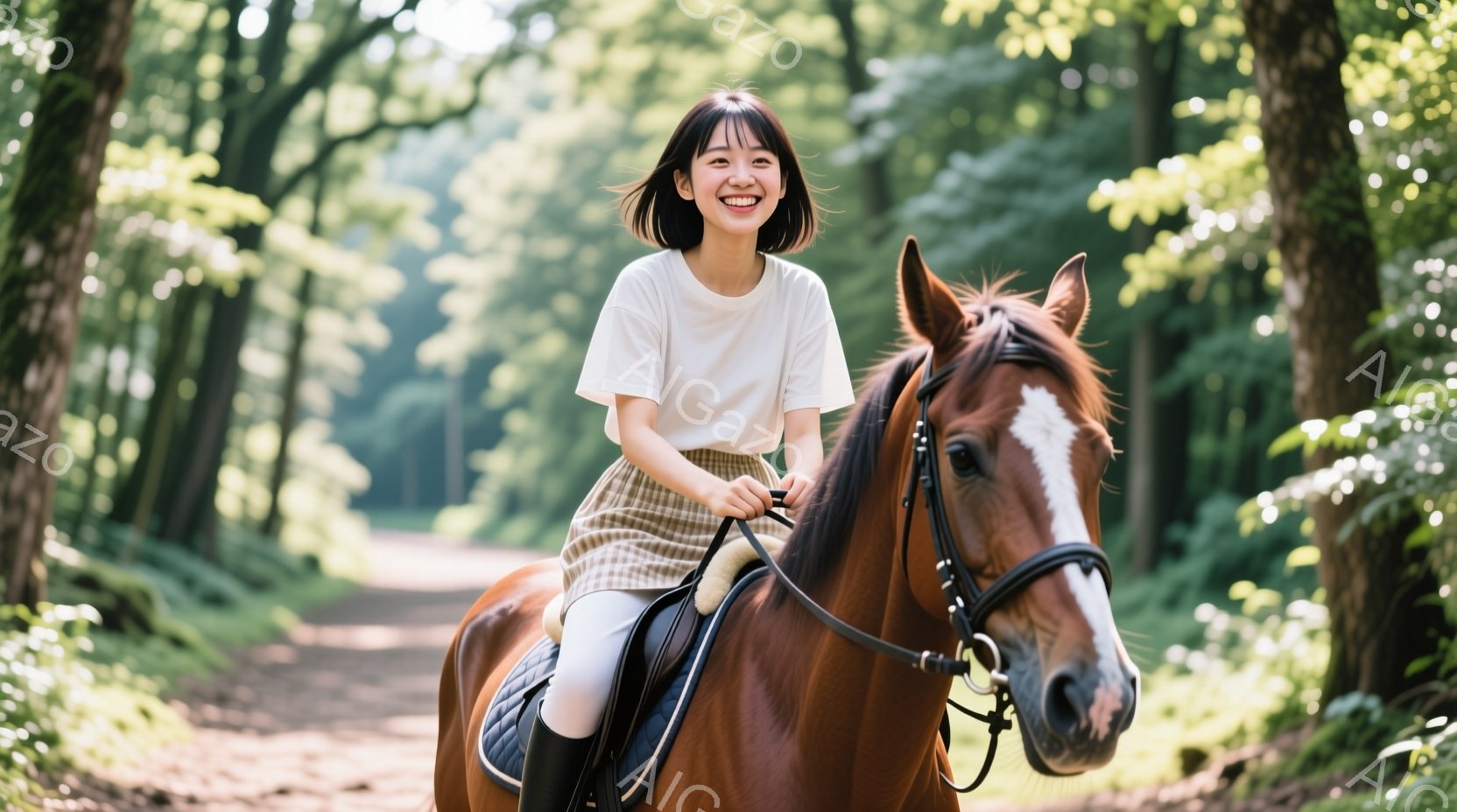 若い女性が茶色の馬に乗って森の中を歩いている。彼女は白いTシャツとチェック柄のスカート、そして黒い乗馬ブーツを履いており、満面の笑みを浮かべている。背景は緑豊かな木々が生い茂る森で、日の光が差し込み、 - AI生成フリー素材