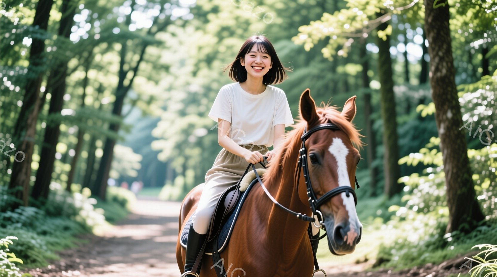 若い女性が茶色の馬に乗って森の中の道を歩いています。彼女は白いTシャツとベージュのズボンを着用し、笑顔で前を見つめています。背景には緑豊かな木々が立ち並び、柔らかな光が差し込み、穏やかで自然な雰囲気を - AI生成フリー素材