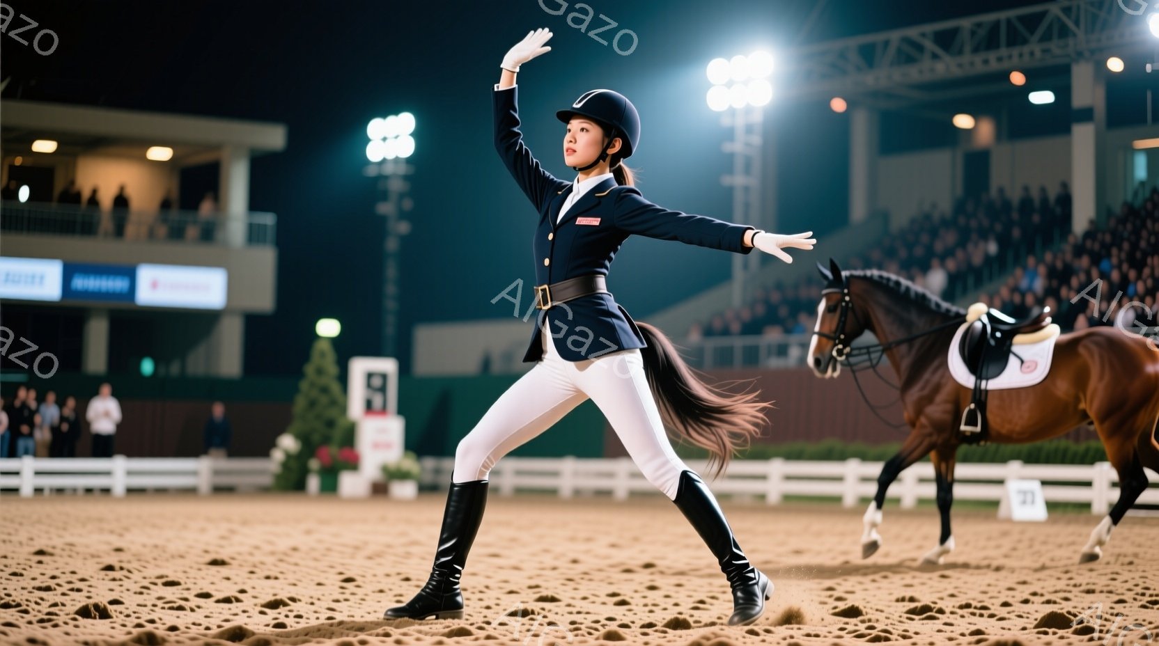 競技場で女性騎手が黒いジャケットと白いズボン、膝丈の黒いブーツ姿でポーズをとっています。彼女は片手を高く上げ、もう片手は体の横に広げ、優雅な姿勢を見せています。背景には観客席や照明、そして馬と競技場の - AI生成フリー素材