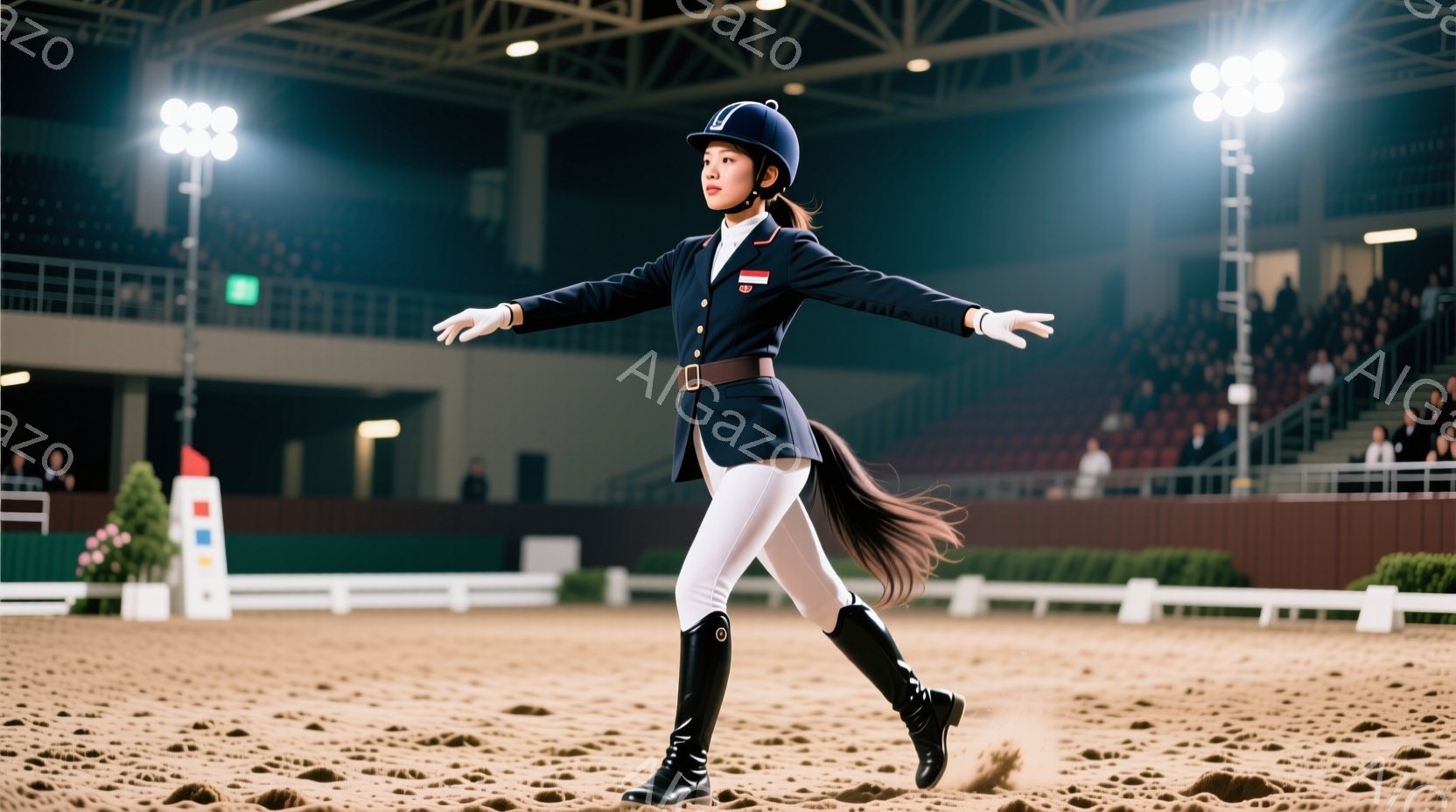 馬術競技の会場でポーズをとる女性が写っています。彼女は紺色のジャケット、白いズボン、黒いブーツという競技用の服装で、長い髪を後ろでまとめています。競技場は土で覆われており、観客席が背景に見え、競技場の雰囲気を感じさせます。