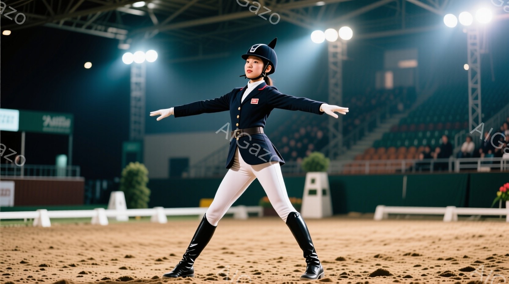 競技用の服装を着た若い女性が写っています。彼女は濃い青色のジャケット、白いズボン、黒いブーツを着用し、頭には黒いヘルメットをかぶっています。競技場の中央で両手を横に広げ、自信に満ちた表情で立っており、 - AI生成フリー素材