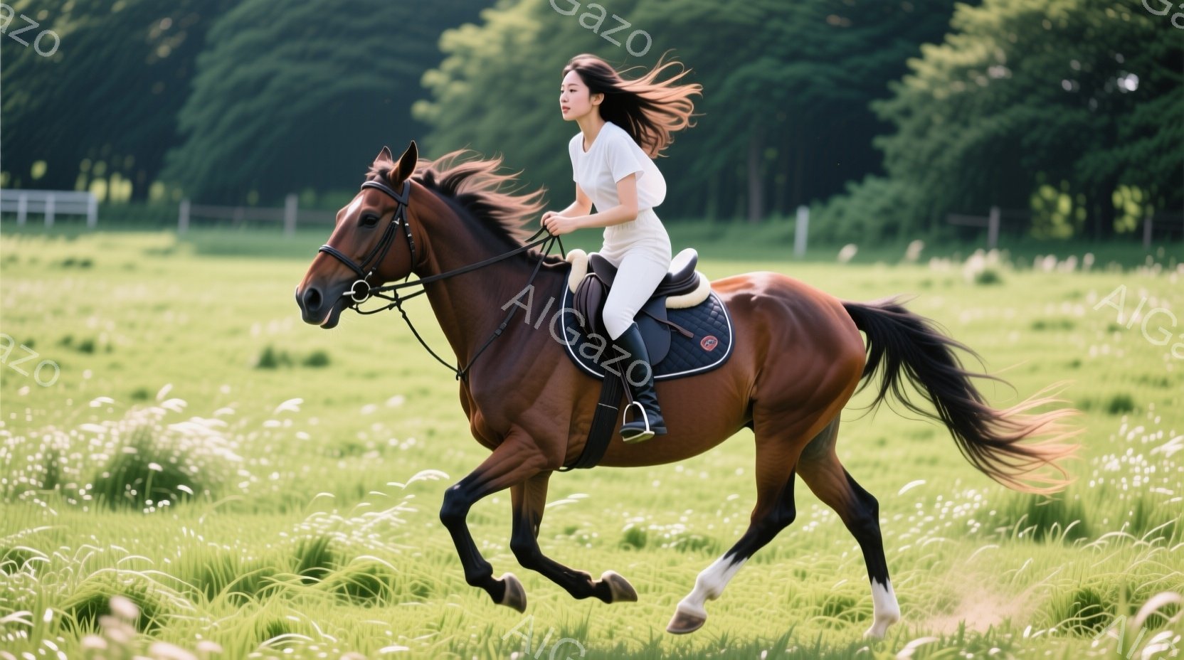 赤毛の馬に乗った女性が草原を疾走している。彼女は白いシャツと白いズボンを着用し、風になびく長い髪が印象的だ。背景には緑豊かな草原とぼやけた木々が見え、晴天の下、爽やかで躍動感のある雰囲気を醸し出してい - AI生成フリー素材