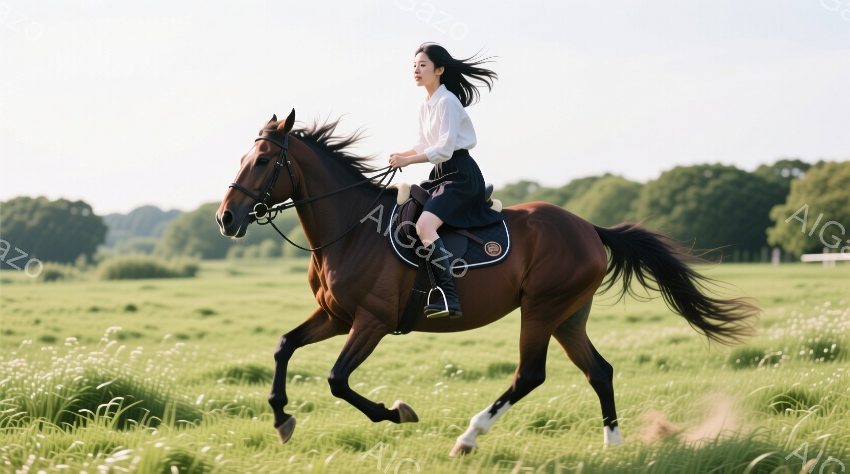 濃い栗色の馬が緑豊かな草原を疾走している。女性は白いシャツと黒いスカート、そして乗馬ブーツを身につけ、髪を後ろで結んでいるが、風になびいている。背景には木々が見え、晴天で穏やかな空気が漂う、開放的でリ - AI生成フリー素材