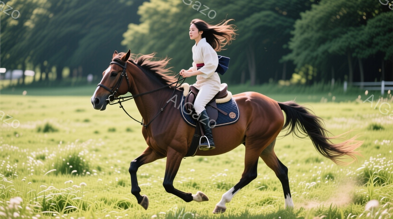 茶色の馬に乗った女性が草原を疾走している。彼女は白いジャケットと黒いズボンを着用し、ヘルメットを被っている。背景には緑豊かな草地と木々が広がり、晴天の下、爽やかな空気が感じられる。 - AI生成フリー素材