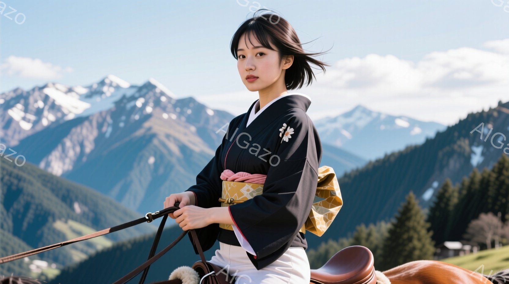 黒い着物と白いズボンを身につけた女性が、馬車を操縦しています。彼女は髪を短く切り揃え、やや微笑んだ表情で、落ち着いた雰囲気です。背景には雪を抱いた山々が広がり、緑豊かな風景と合わせて、静かで美しい景色 - AI生成フリー素材