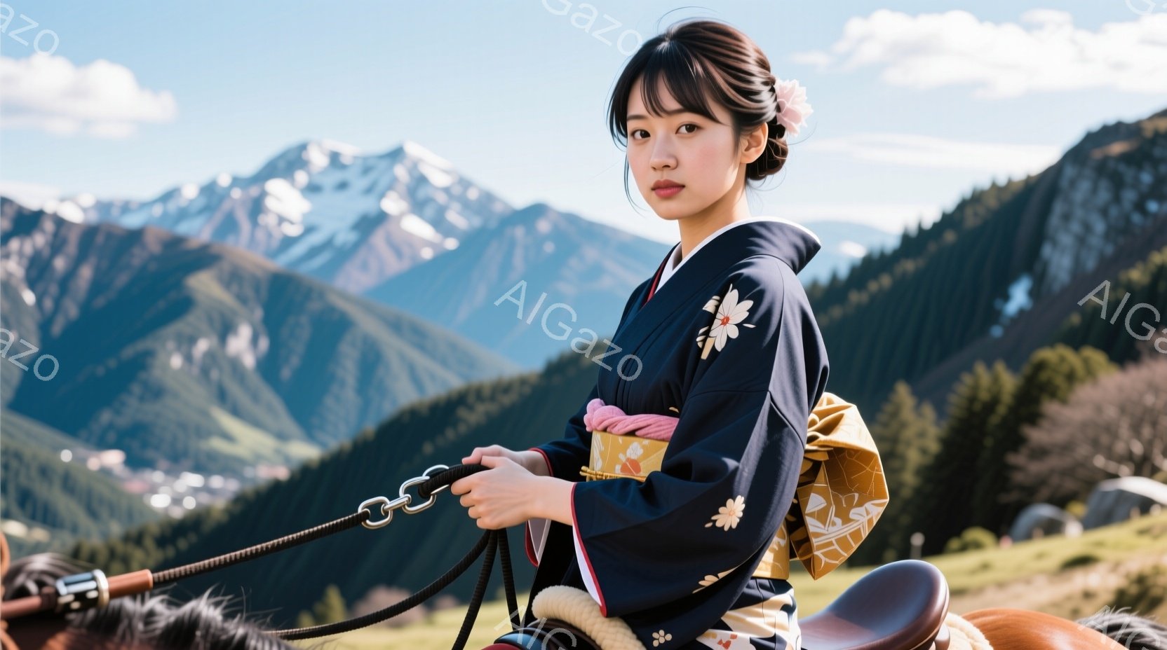 深い藍色の着物に黄色い花柄の帯を締めた女性が、茶色の馬に跨がっています。彼女は髪を後ろでまとめ、穏やかな表情で手綱を握っています。背景には雪を抱いた山々が広がり、緑の草原と青い空が、静かで美しい風景を作り出しています。