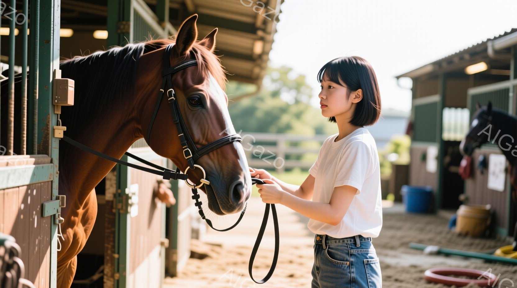 茶色の馬が厩舎の柵に頭を預け、若い女性が馬の手綱を持っています。女性は白いTシャツとジーンズ姿で、短めの黒髪をしています。背景には他の馬や厩舎の一部が見え、晴れた日の穏やかな雰囲気が漂っています。