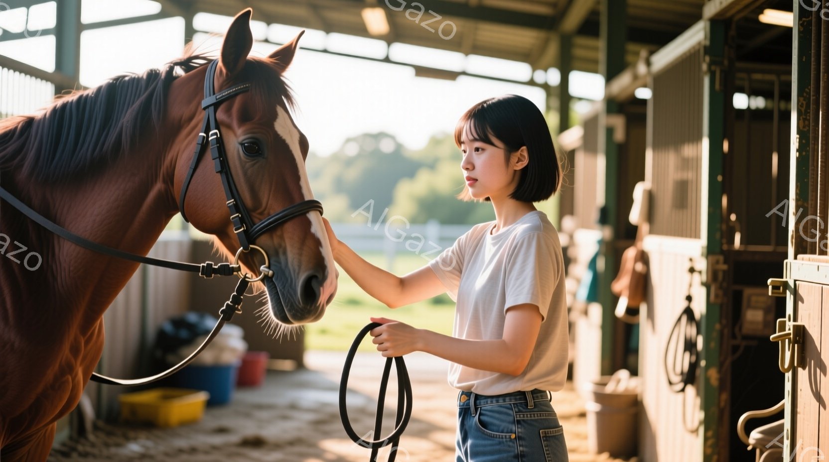 若い女性が茶色の馬の頭を優しく撫でています。彼女は白いTシャツとジーンズを着ており、短い黒髪は後ろでまとめています。背景は馬小屋で、馬具や用具が置かれ、日差しが差し込み、温かく穏やかな雰囲気を醸し出しています。